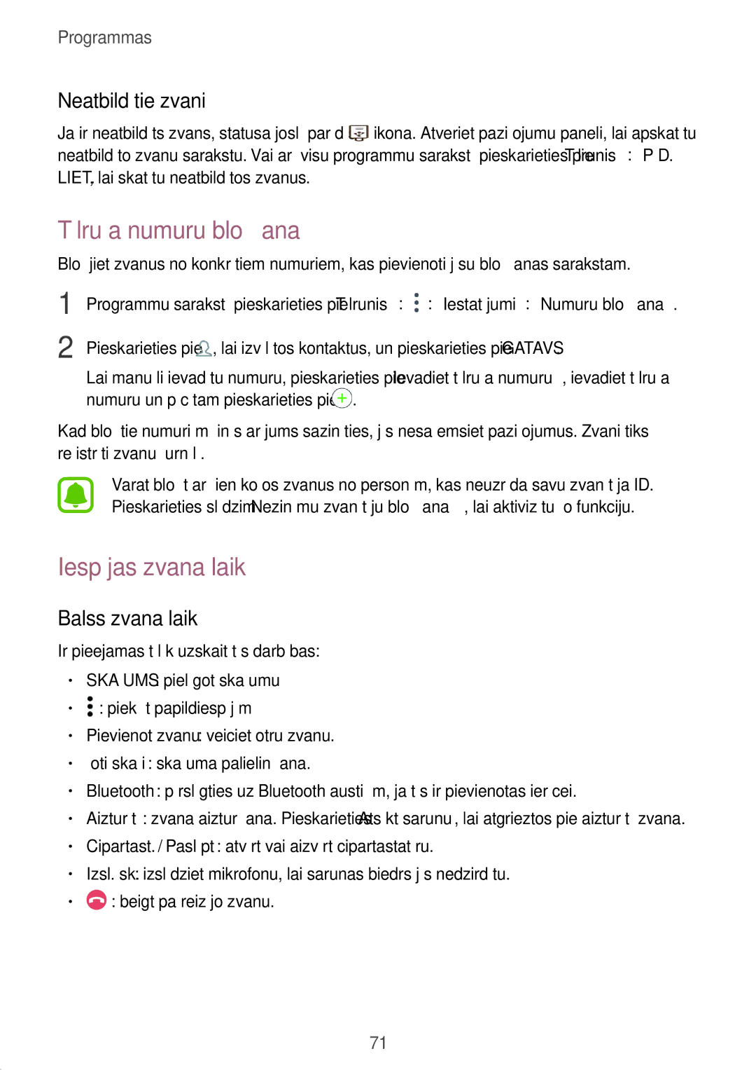 Samsung SM-T825NZKASEB manual Tālruņa numuru bloķēšana, Iespējas zvana laikā, Neatbildētie zvani, Balss zvana laikā 