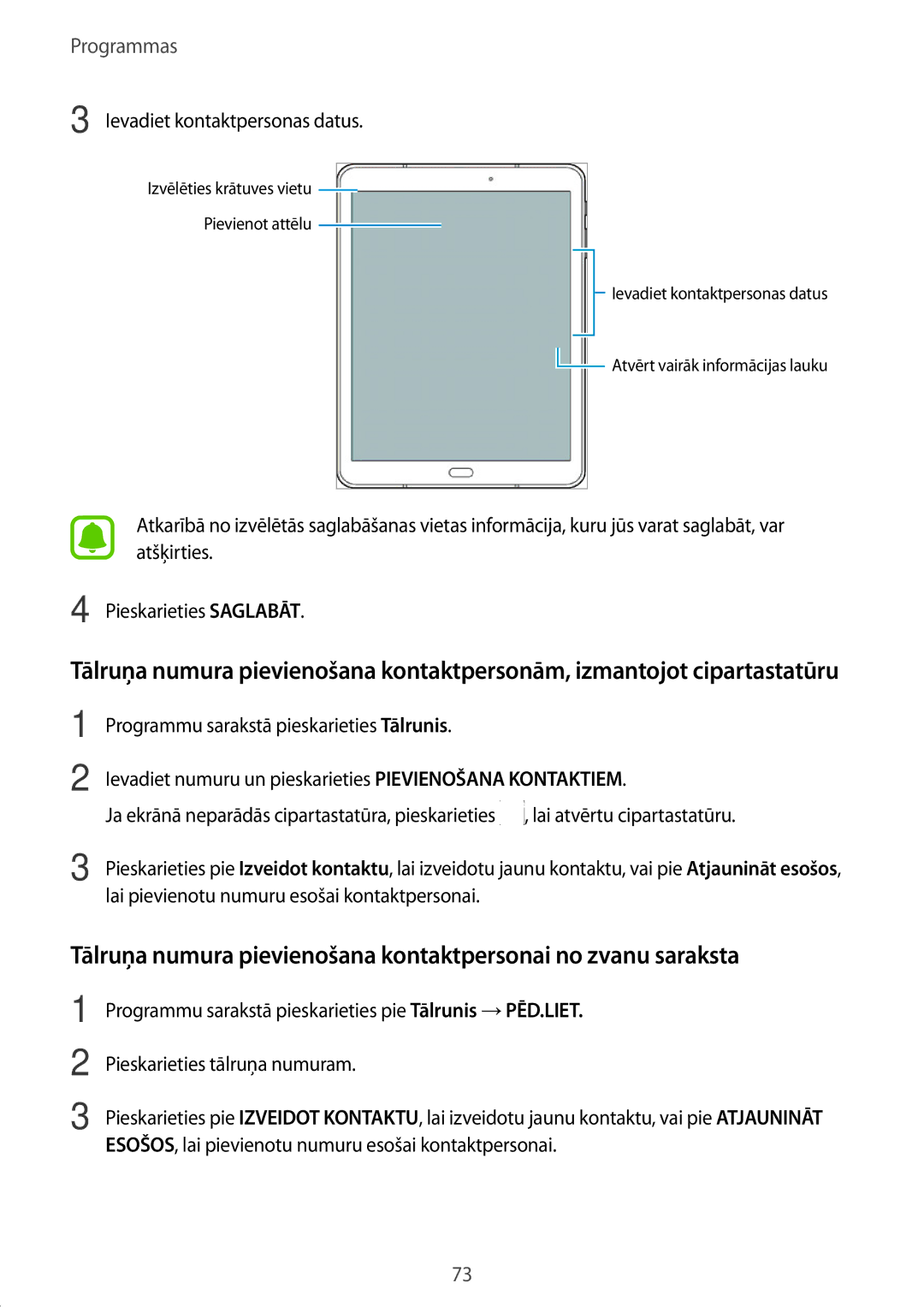 Samsung SM-T825NZKASEB, SM-T825NZSASEB manual Ievadiet kontaktpersonas datus 