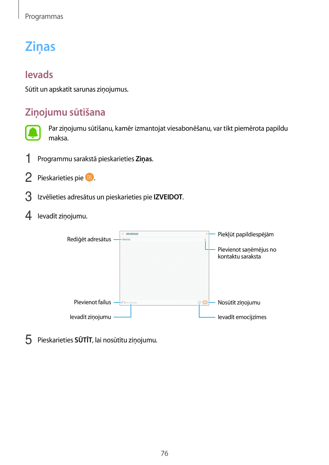 Samsung SM-T825NZSASEB, SM-T825NZKASEB Ziņas, Ziņojumu sūtīšana, Sūtīt un apskatīt sarunas ziņojumus, Ievadīt ziņojumu 