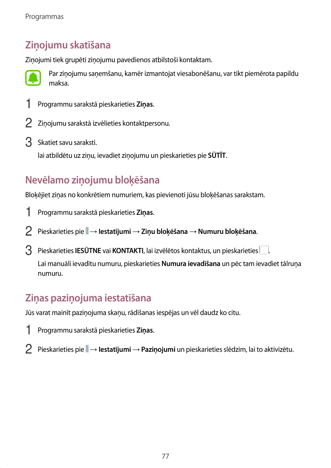 Samsung SM-T825NZKASEB, SM-T825NZSASEB manual Ziņojumu skatīšana, Nevēlamo ziņojumu bloķēšana, Ziņas paziņojuma iestatīšana 