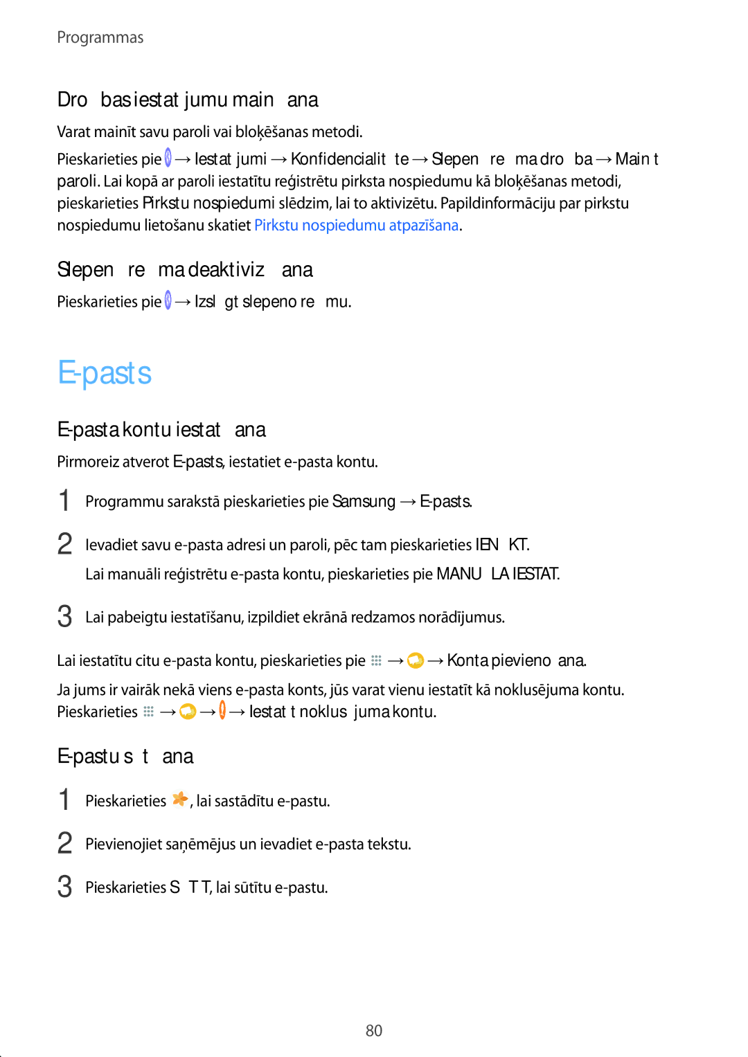 Samsung SM-T825NZSASEB manual Pasts, Drošības iestatījumu mainīšana, Slepenā režīma deaktivizēšana, Pasta kontu iestatīšana 