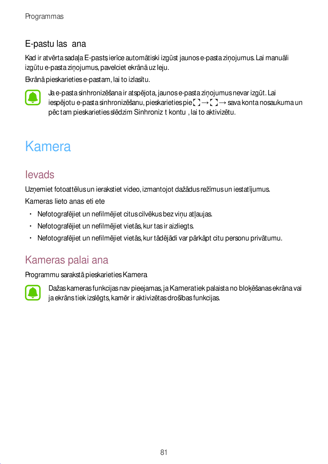 Samsung SM-T825NZKASEB, SM-T825NZSASEB manual Kameras palaišana, Pastu lasīšana, Programmu sarakstā pieskarieties Kamera 