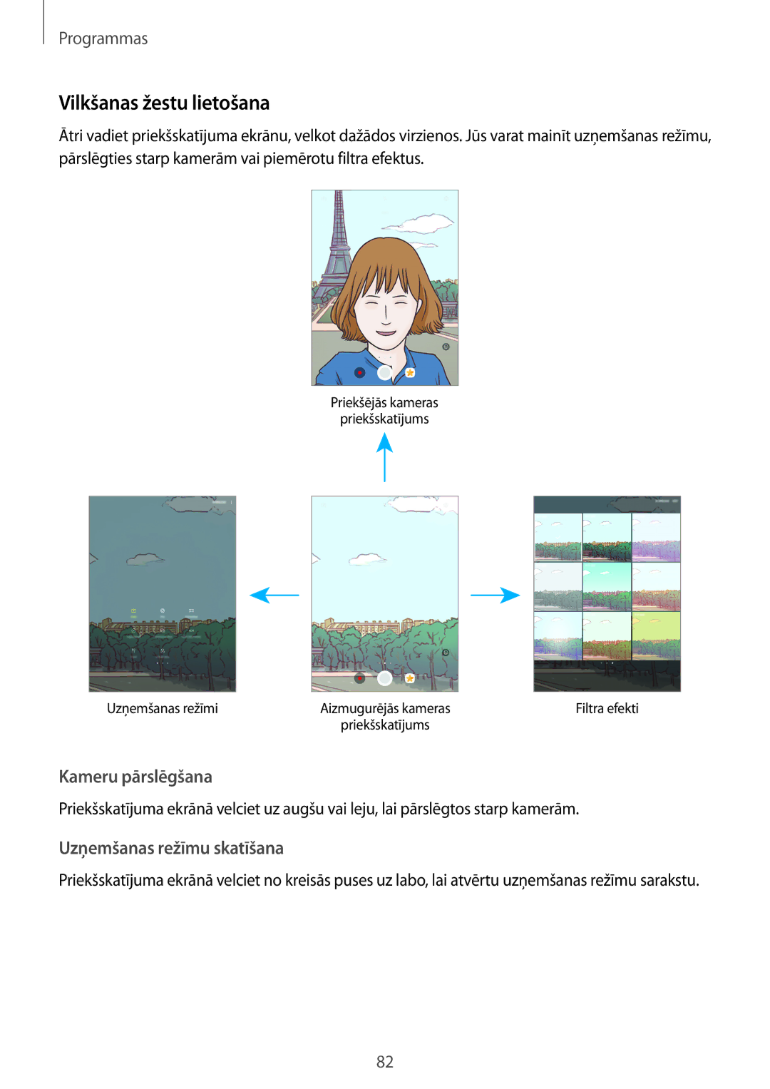 Samsung SM-T825NZSASEB, SM-T825NZKASEB manual Vilkšanas žestu lietošana, Uzņemšanas režīmu skatīšana 