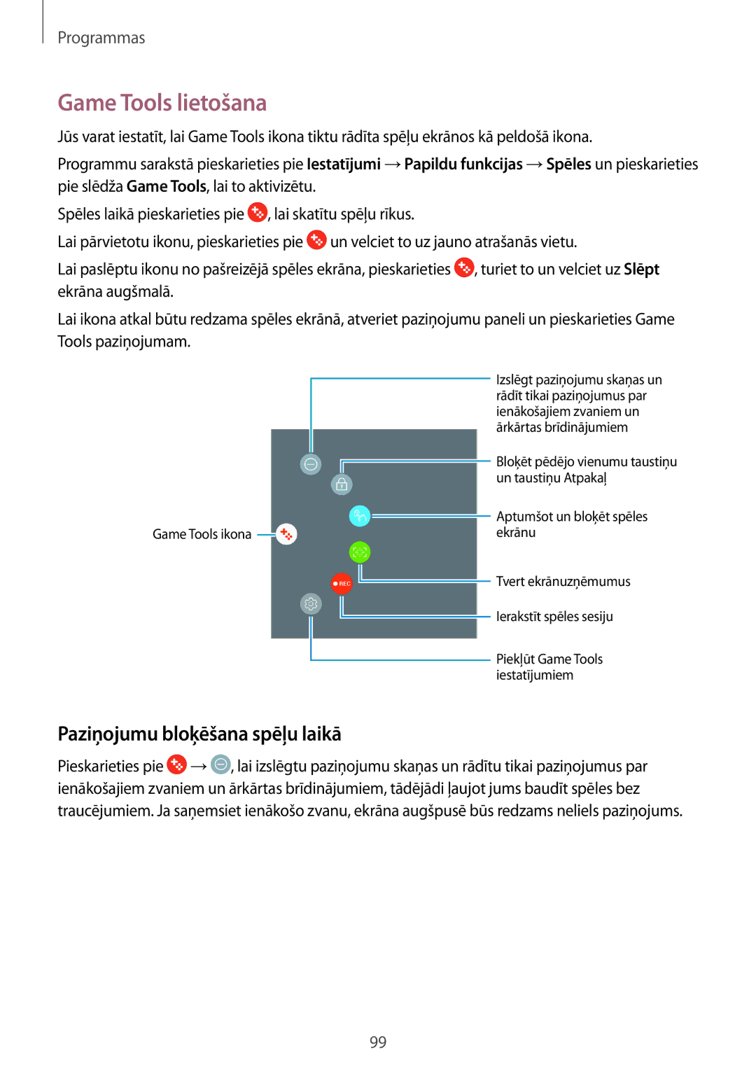 Samsung SM-T825NZKASEB, SM-T825NZSASEB manual Game Tools lietošana, Paziņojumu bloķēšana spēļu laikā 