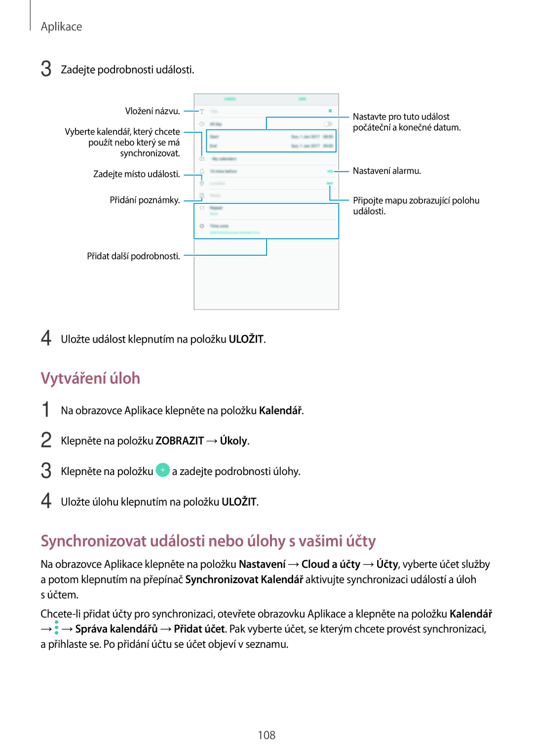 Samsung SM-T825NZSAXEZ, SM-T825NZKAXEZ manual Vytváření úloh, Synchronizovat události nebo úlohy s vašimi účty 