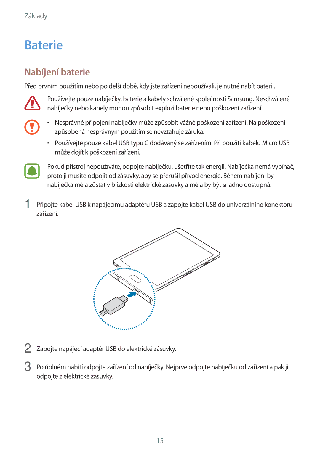 Samsung SM-T825NZKAXEZ, SM-T825NZSAXEZ manual Baterie, Nabíjení baterie 