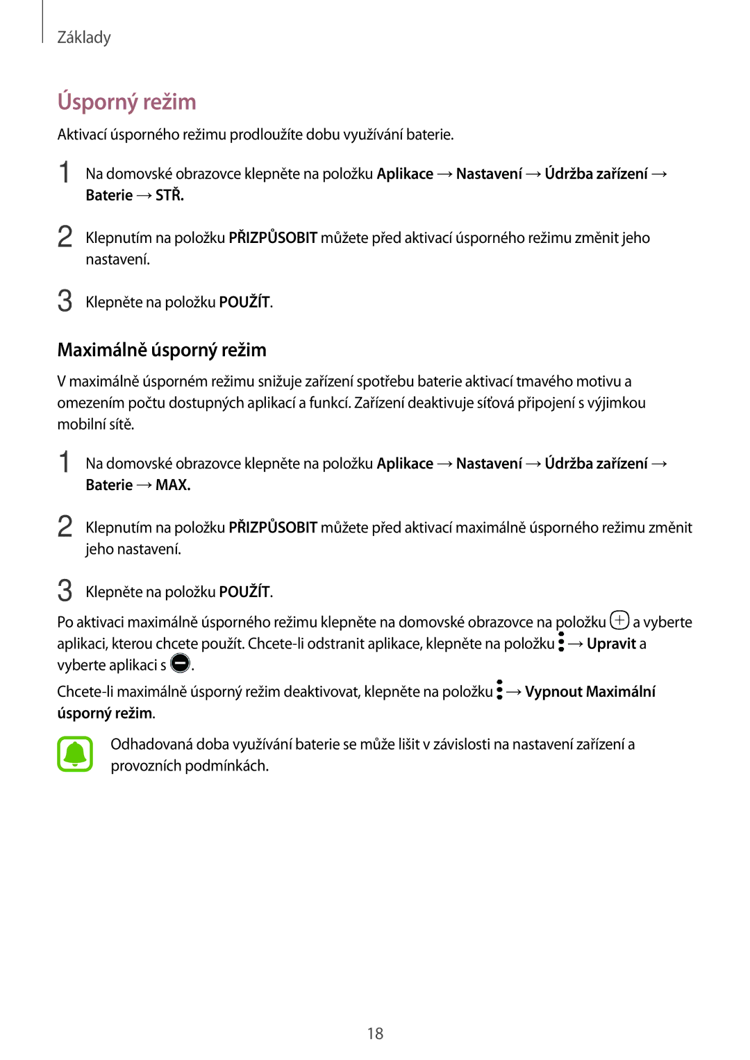 Samsung SM-T825NZSAXEZ, SM-T825NZKAXEZ manual Úsporný režim, Maximálně úsporný režim 