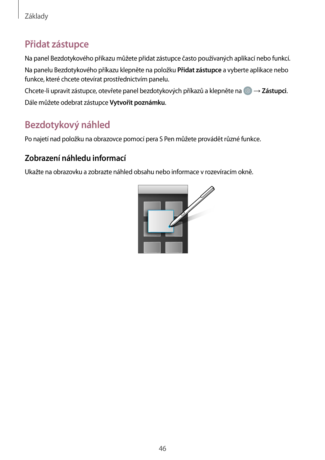 Samsung SM-T825NZSAXEZ, SM-T825NZKAXEZ manual Přidat zástupce, Bezdotykový náhled, Zobrazení náhledu informací 