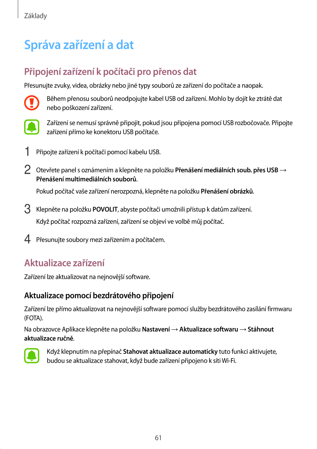 Samsung SM-T825NZKAXEZ manual Správa zařízení a dat, Připojení zařízení k počítači pro přenos dat, Aktualizace zařízení 