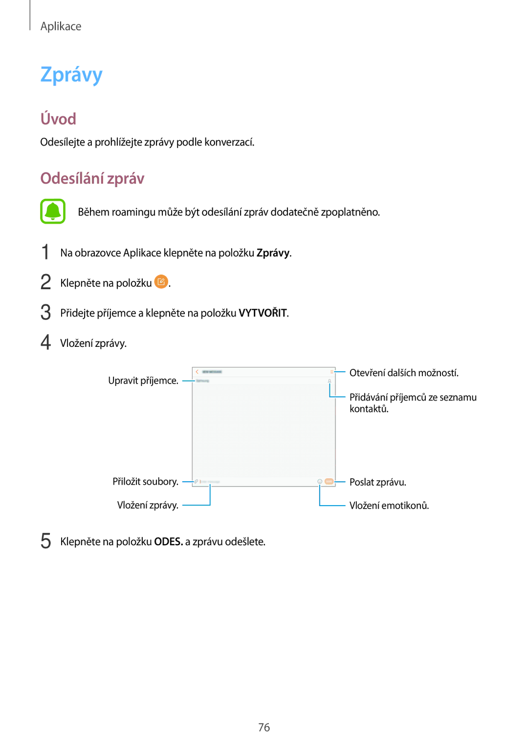Samsung SM-T825NZSAXEZ, SM-T825NZKAXEZ manual Zprávy, Odesílání zpráv 