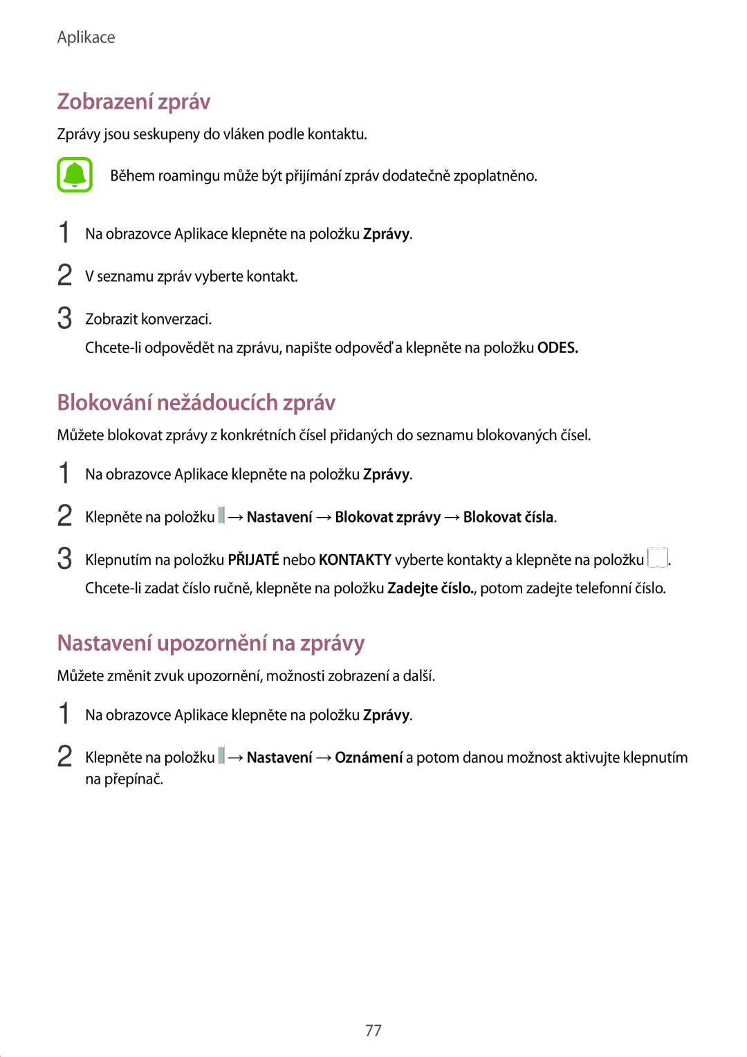 Samsung SM-T825NZKAXEZ, SM-T825NZSAXEZ manual Zobrazení zpráv, Blokování nežádoucích zpráv, Nastavení upozornění na zprávy 