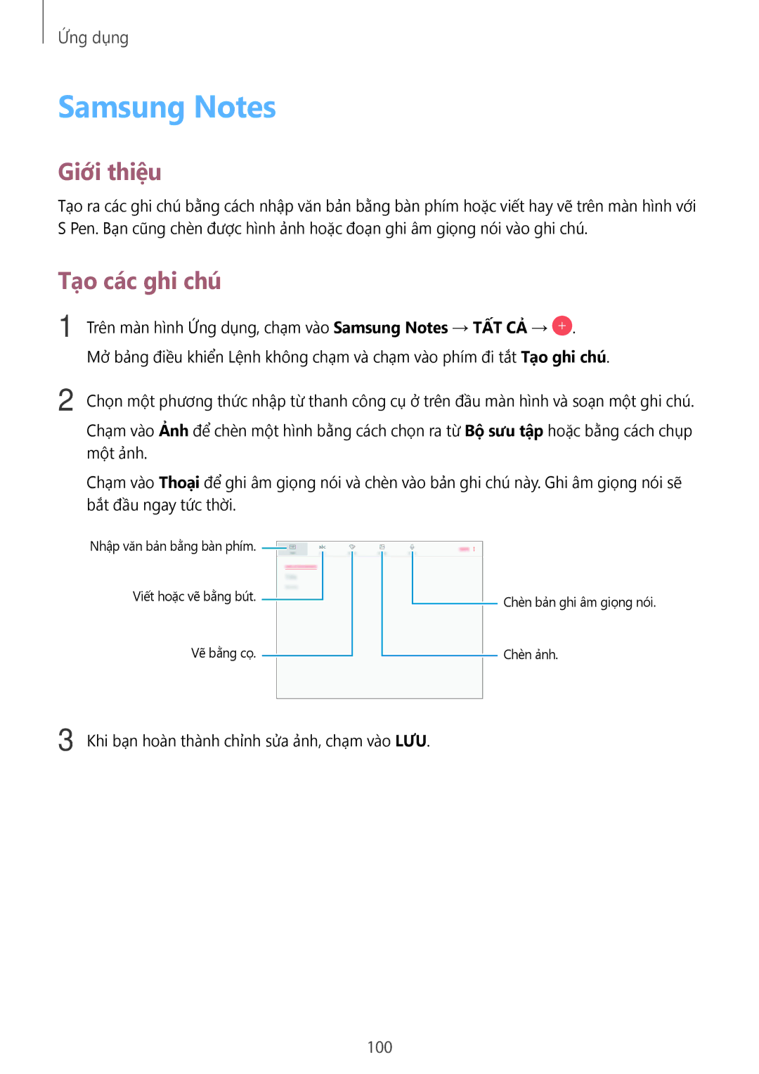 Samsung SM-T825YZSAXXV manual Samsung Notes, Tạo các ghi chú 