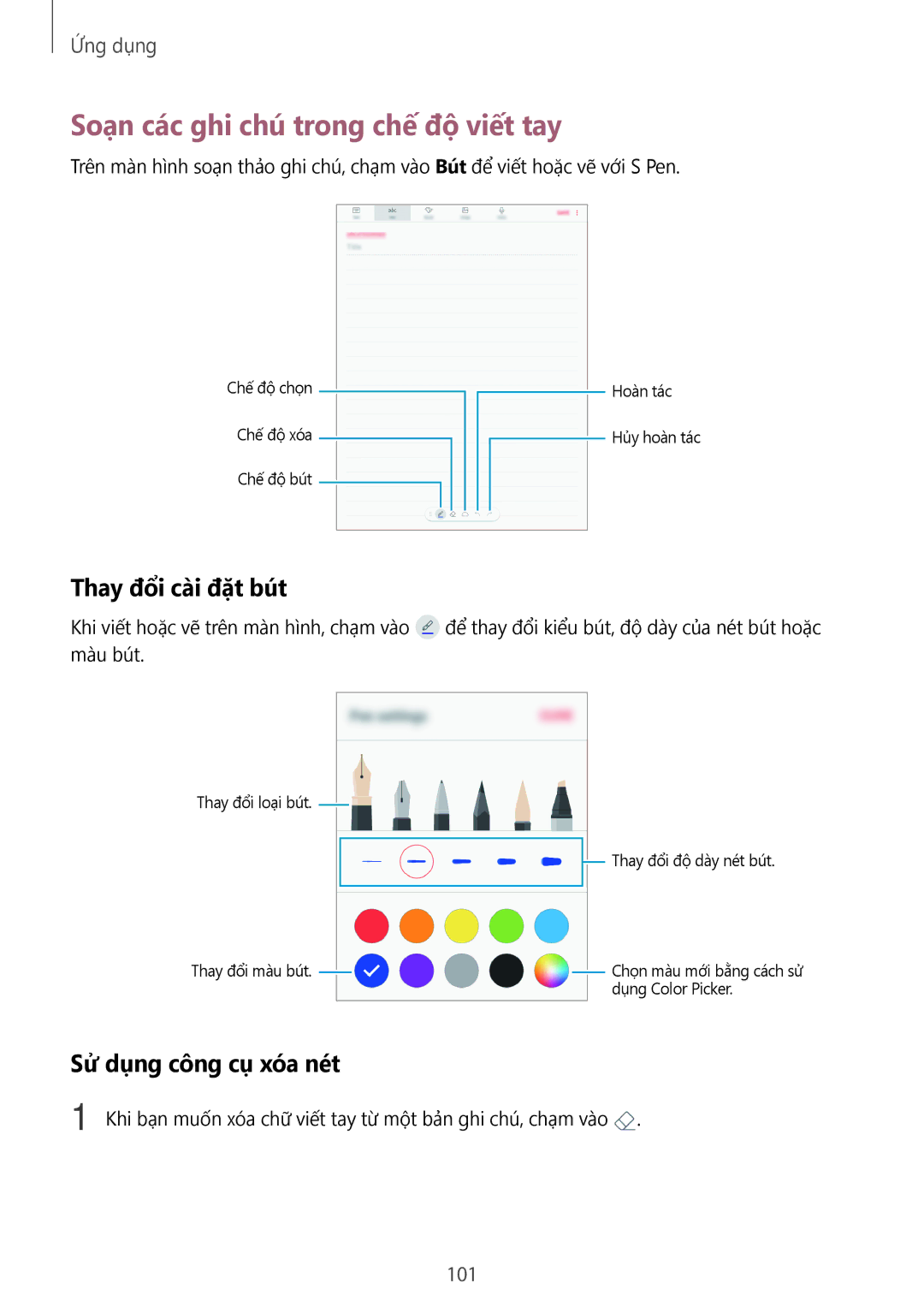 Samsung SM-T825YZSAXXV manual Soạn các ghi chú trong chế độ viết tay, Thay đổi cài đặt bút, Sử dụng công cụ xóa nét 