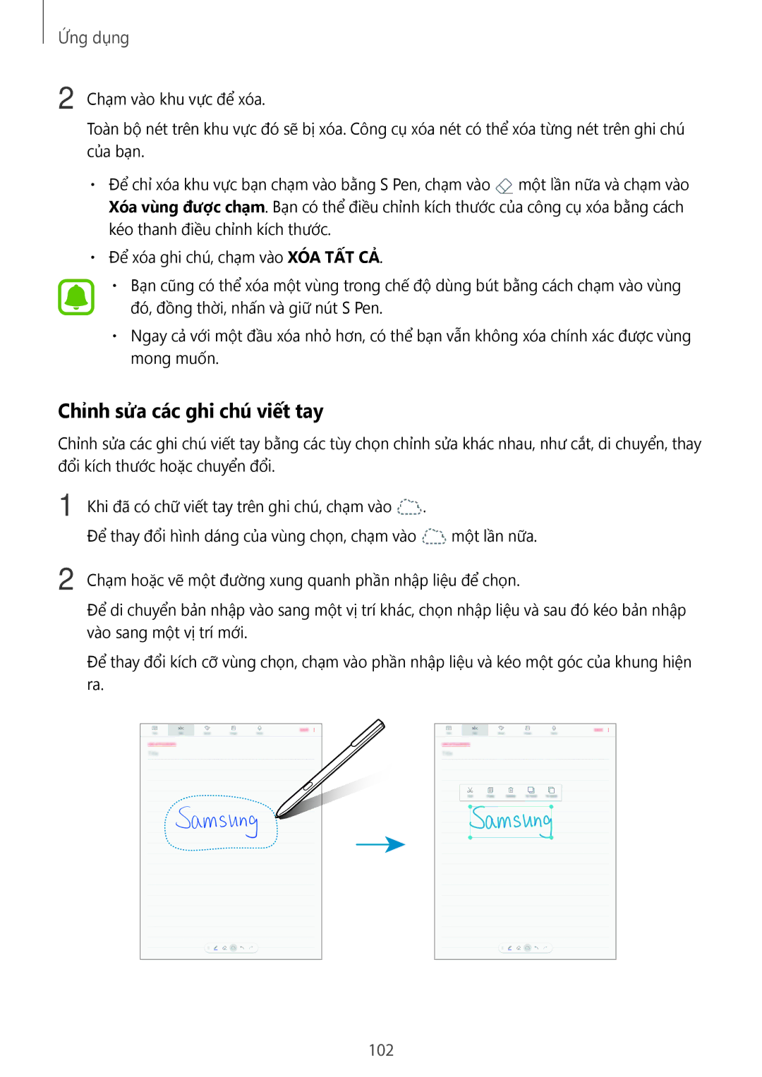Samsung SM-T825YZSAXXV manual Chỉnh sửa các ghi chú viết tay, 102 