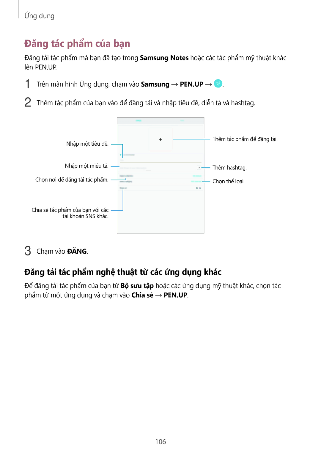 Samsung SM-T825YZSAXXV manual Đăng tác phẩm của bạn, Đăng tải tác phẩm nghệ thuật từ các ứng dụng khác 