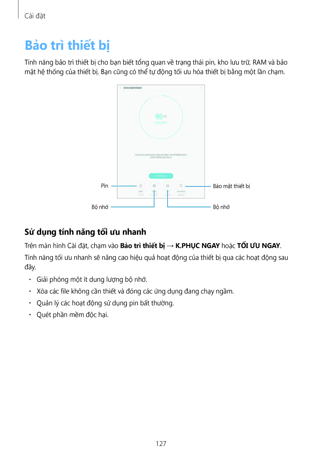 Samsung SM-T825YZSAXXV manual Bảo trì thiết bị, Sử dụng tính năng tối ưu nhanh 