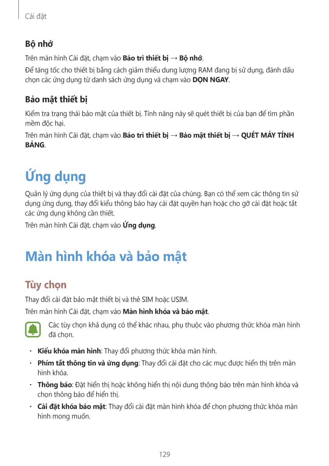 Samsung SM-T825YZSAXXV manual Ứng dụng, Màn hình khóa và bảo mật, Bộ nhớ, Bảo mật thiết bị 
