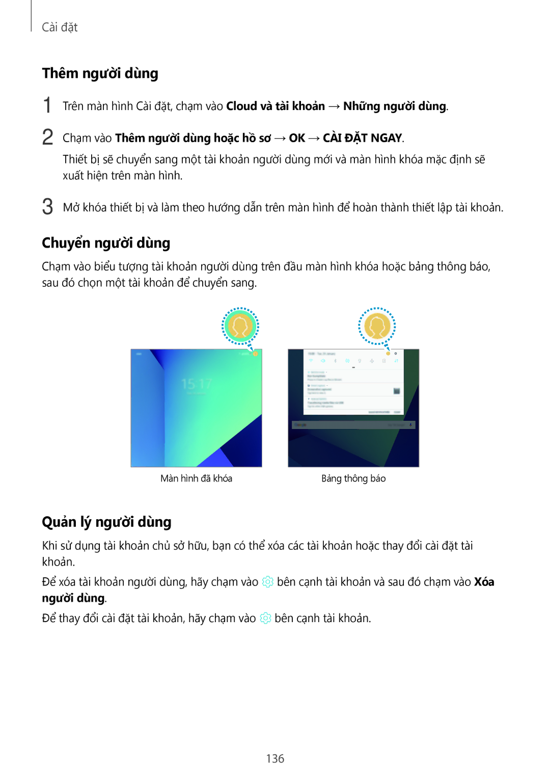 Samsung SM-T825YZSAXXV manual Thêm người dùng, Chuyển người dùng, Quản lý người dùng 