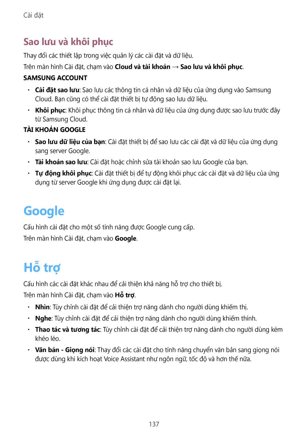 Samsung SM-T825YZSAXXV manual Google, Hỗ trợ, Sao lưu và khôi phục 