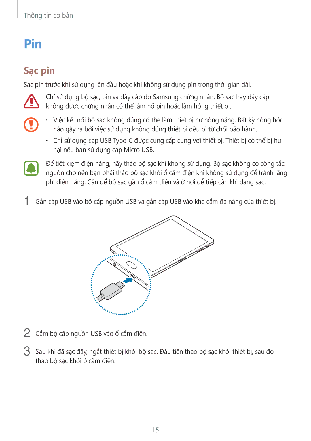 Samsung SM-T825YZSAXXV manual Pin, Sạc pin 