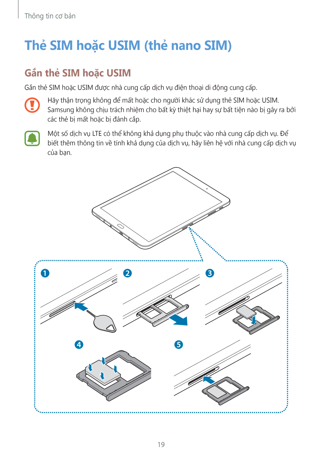 Samsung SM-T825YZSAXXV manual Thẻ SIM hoặc Usim thẻ nano SIM, Gắn thẻ SIM hoặc Usim 