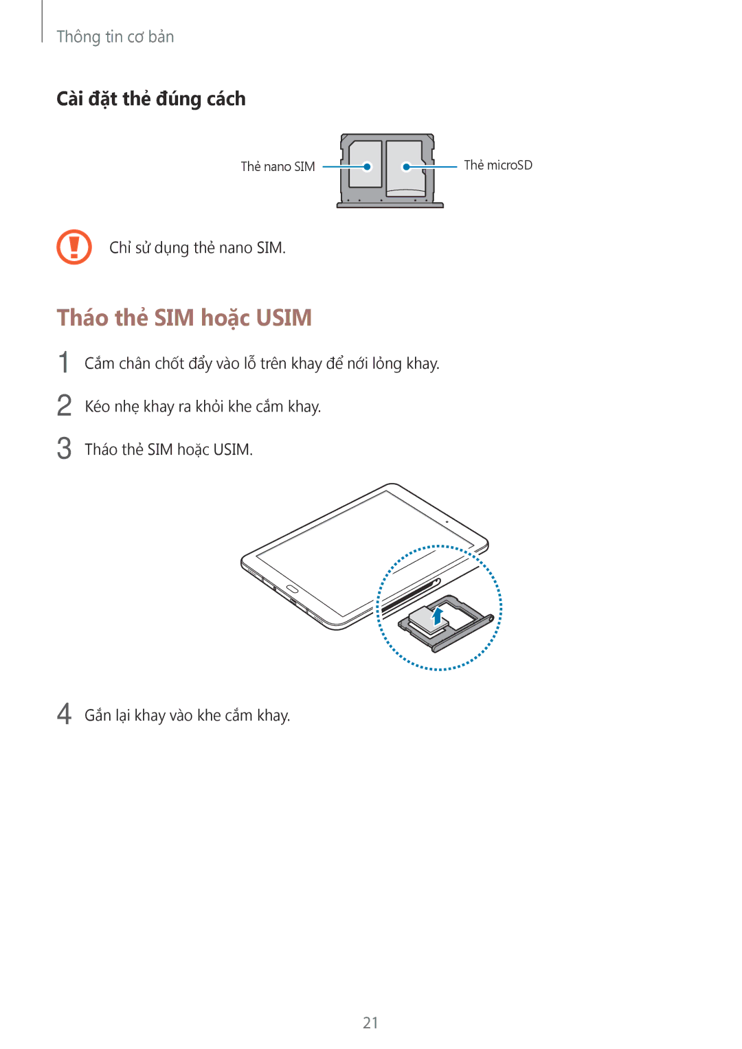 Samsung SM-T825YZSAXXV manual Tháo thẻ SIM hoặc Usim, Cài đặt thẻ đúng cách 