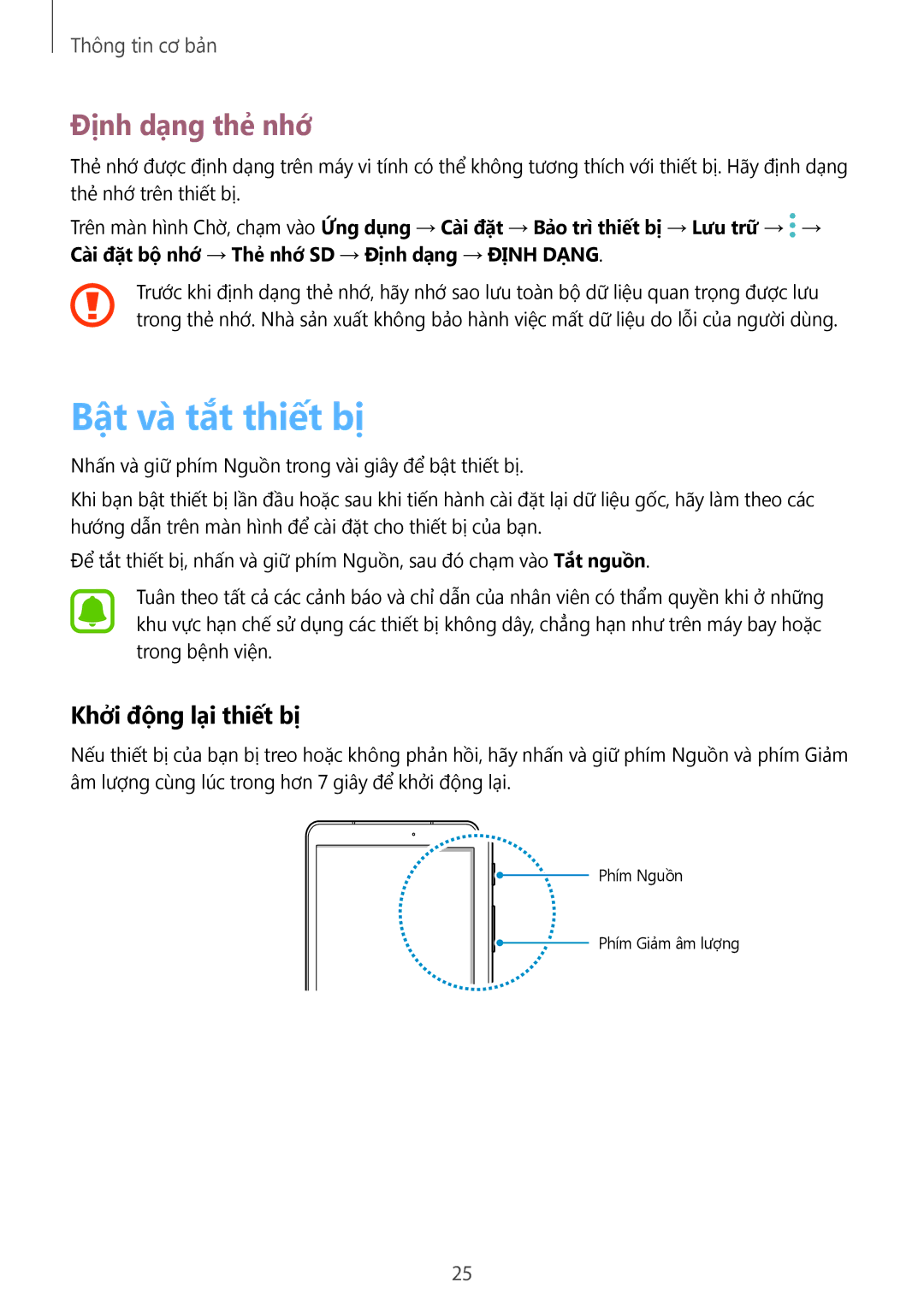 Samsung SM-T825YZSAXXV manual Bật và tắt thiết bị, Định dạng thẻ nhớ, Khởi động lại thiết bị 