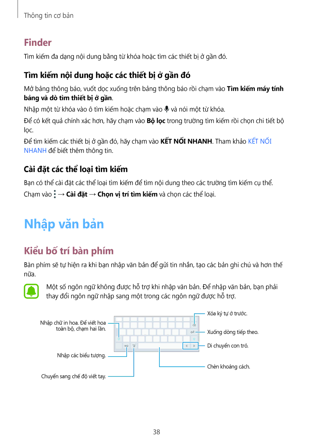 Samsung SM-T825YZSAXXV manual Nhập văn bản, Finder, Kiểu bố trí bàn phím, Tìm kiếm nội dung hoặc các thiết bị ở gần đó 