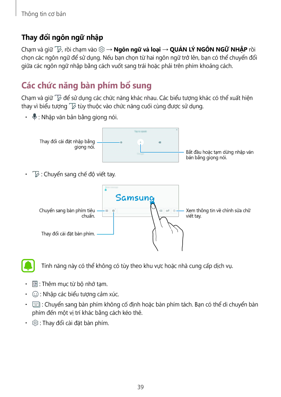 Samsung SM-T825YZSAXXV manual Các chức năng bàn phím bổ sung, Thay đổi ngôn ngữ nhập 