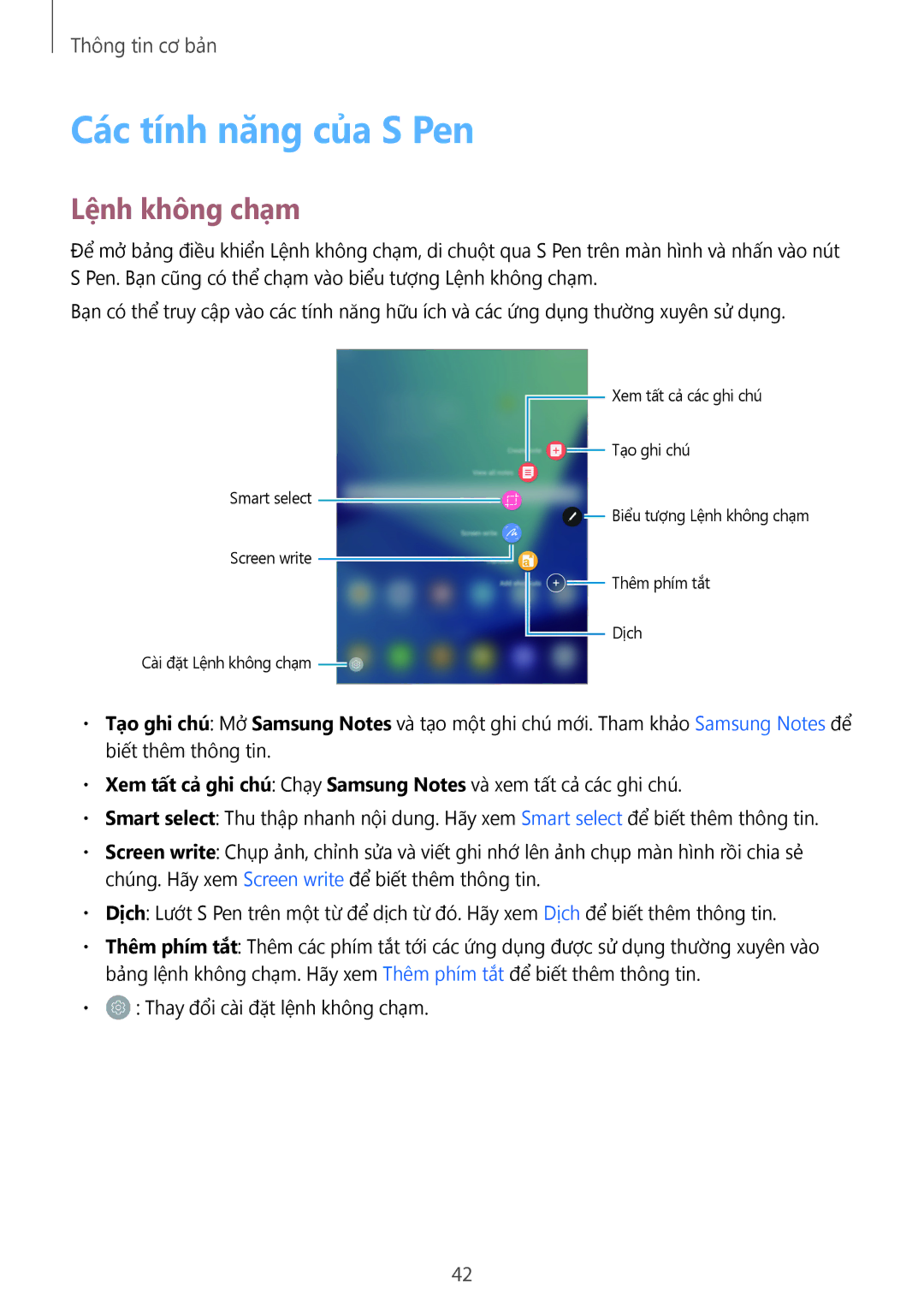 Samsung SM-T825YZSAXXV manual Các tính năng của S Pen, Lệnh không chạm 