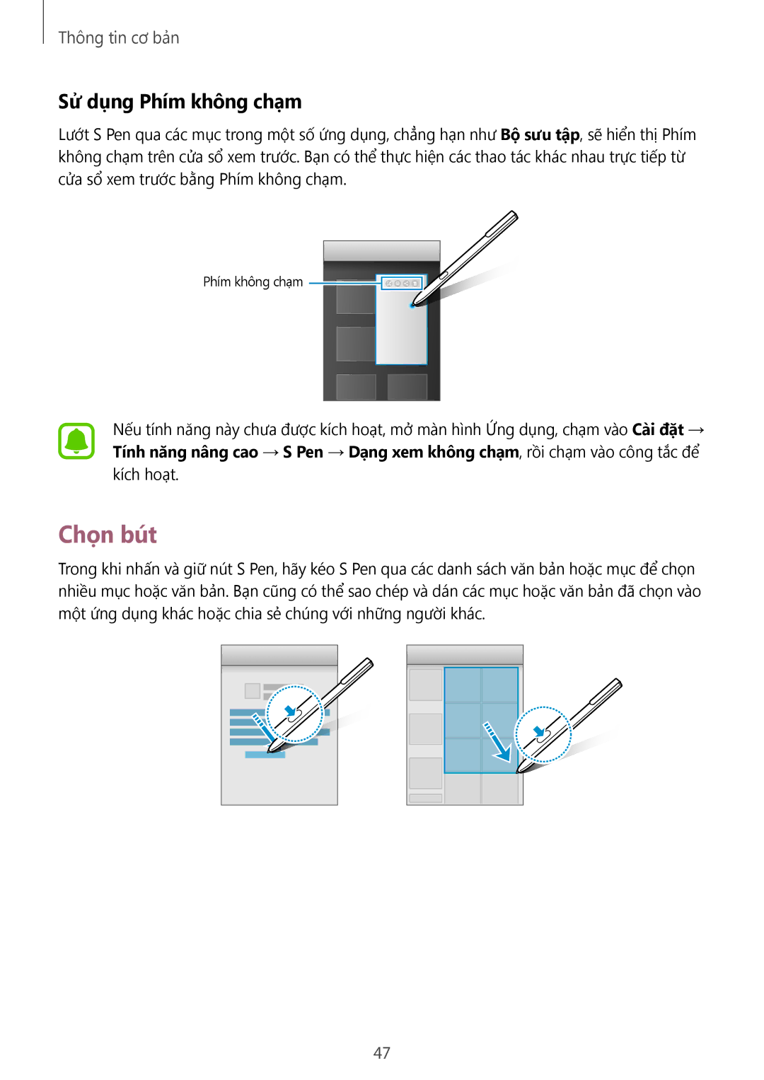 Samsung SM-T825YZSAXXV manual Chọn bút, Sử dụng Phím không chạm 