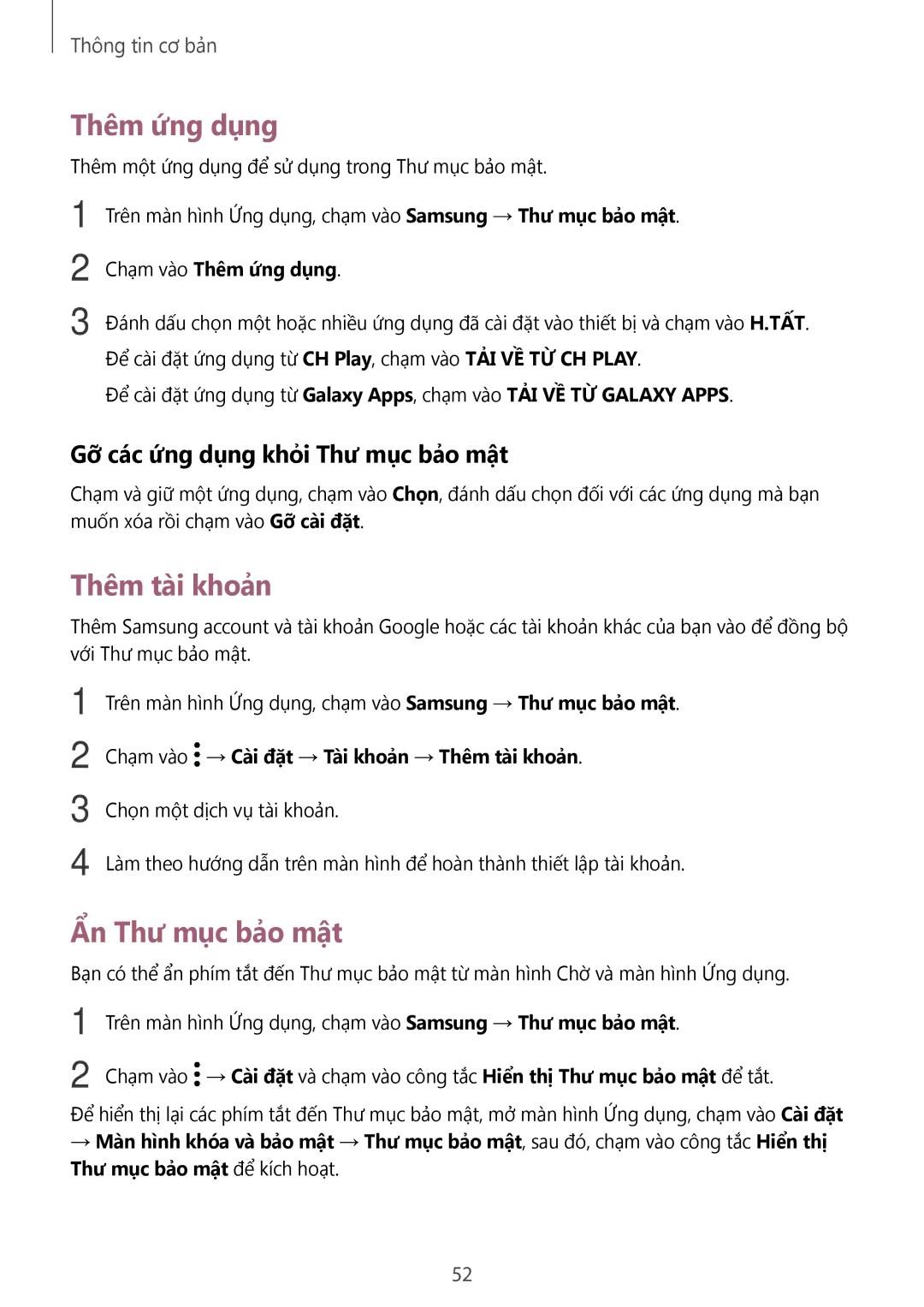 Samsung SM-T825YZSAXXV manual Thêm ứng dụng, Thêm tài khoản, Ẩn Thư mục bảo mật, Gỡ các ứng dụng khỏi Thư mục bảo mật 