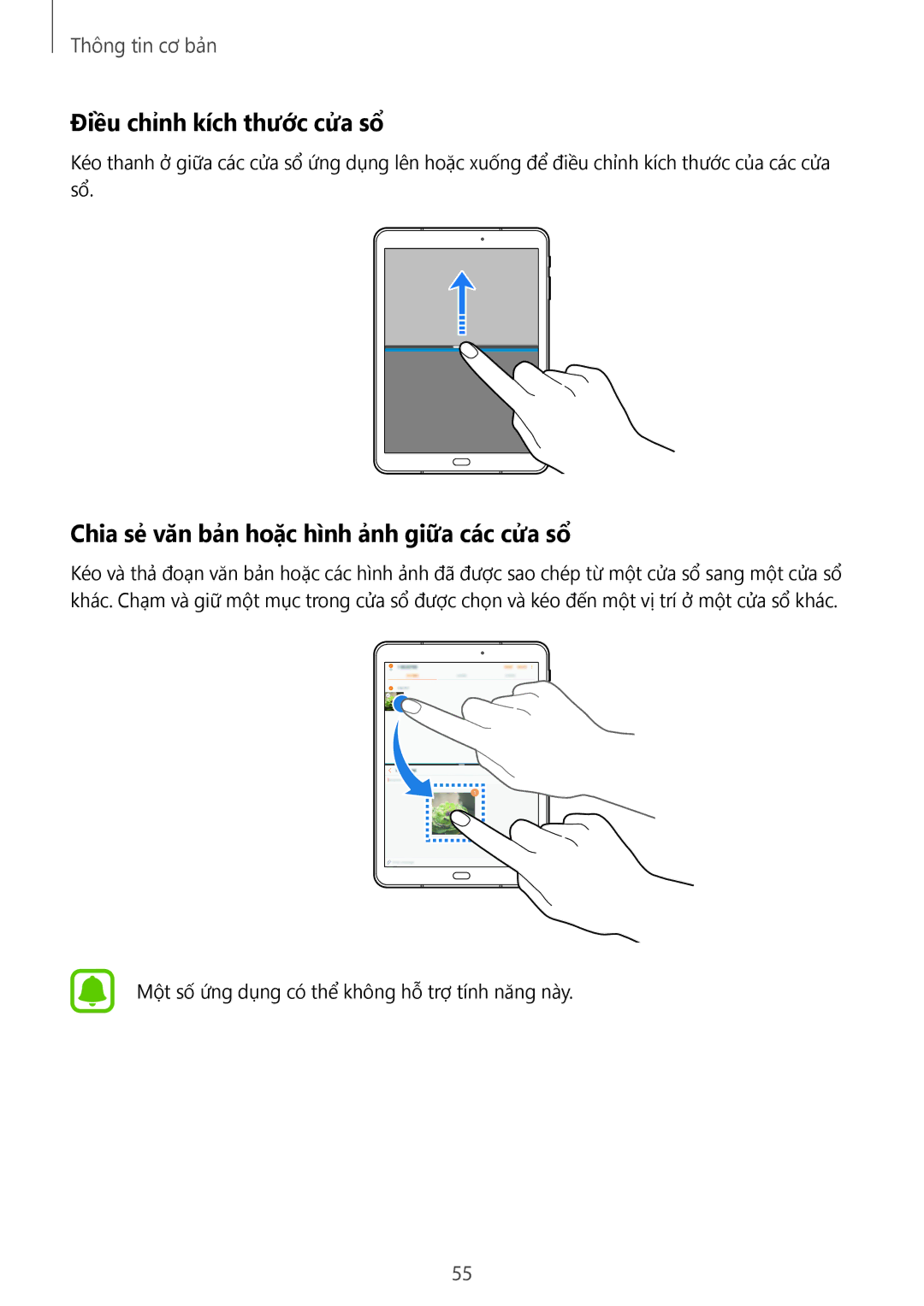 Samsung SM-T825YZSAXXV manual Điều chỉnh kích thước cửa sổ, Chia sẻ văn bản hoặc hình ảnh giữa các cửa sổ 