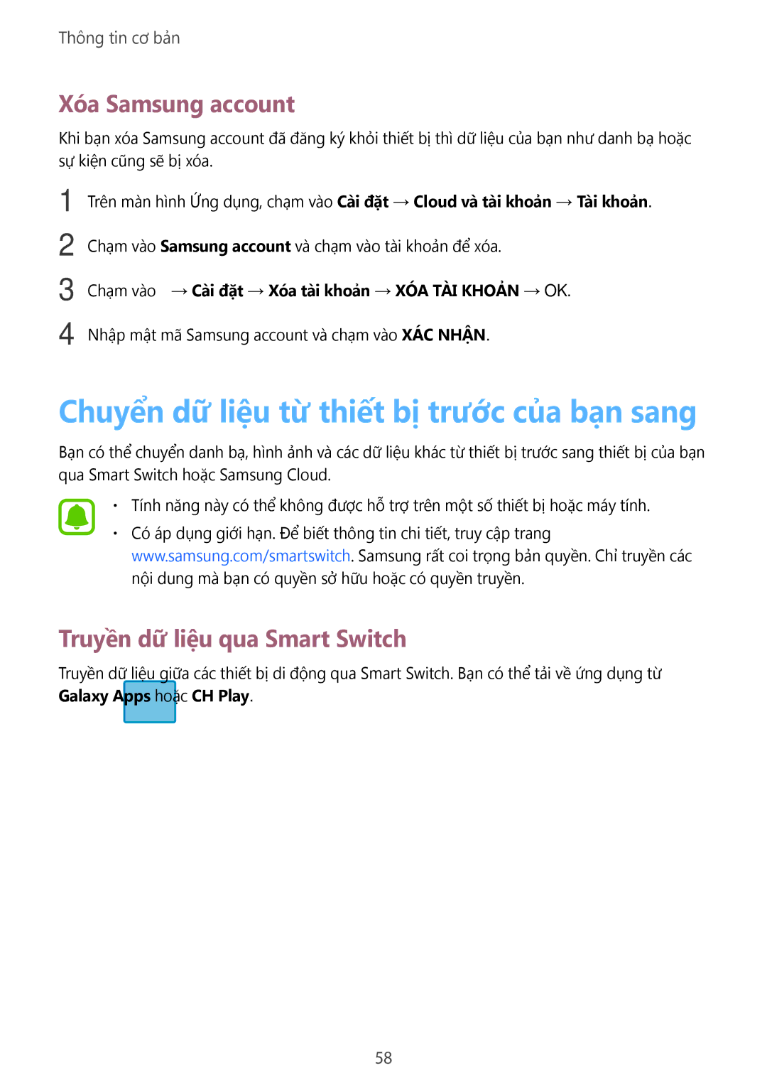 Samsung SM-T825YZSAXXV Chuyển dữ liệu từ thiết bị trước của bạn sang, Xóa Samsung account, Truyền dữ liệu qua Smart Switch 