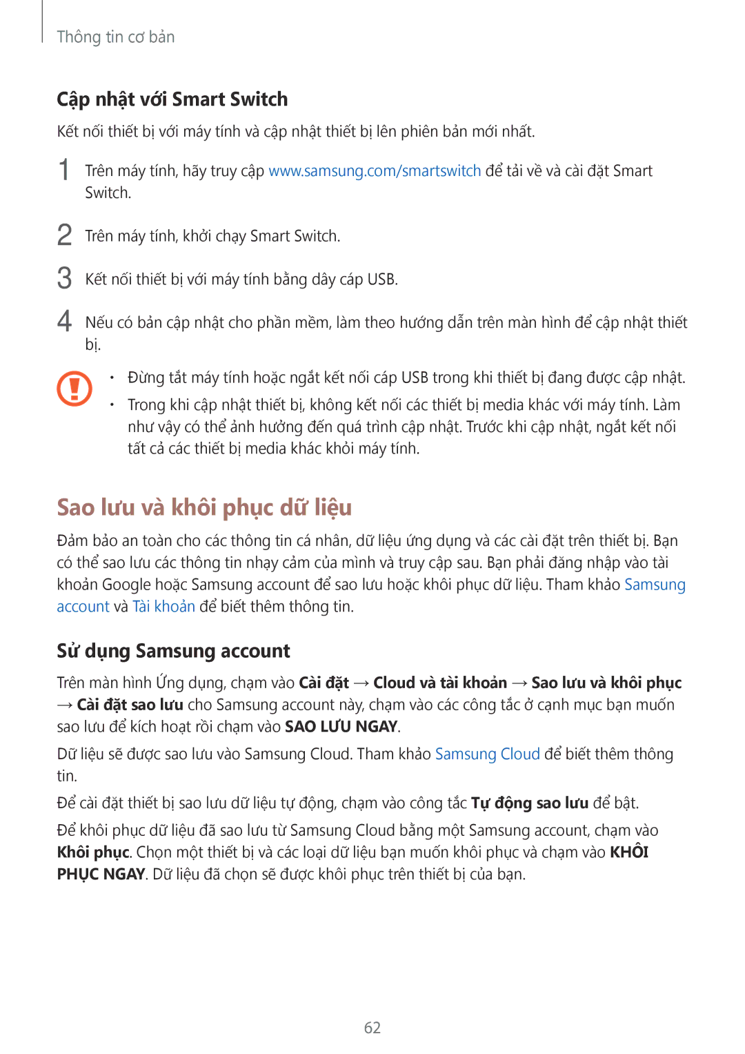 Samsung SM-T825YZSAXXV manual Sao lưu và khôi phục dữ liệu, Cập nhật với Smart Switch, Sử dụng Samsung account 