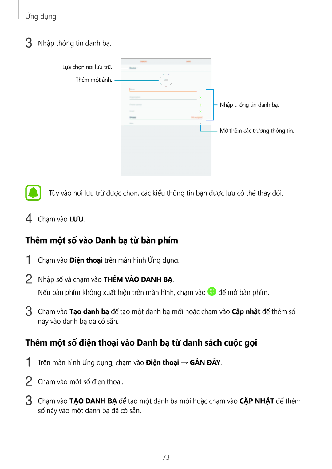 Samsung SM-T825YZSAXXV manual Thêm một số vào Danh bạ từ bàn phím, Thêm một số điện thoại vào Danh bạ từ danh sách cuộc gọi 
