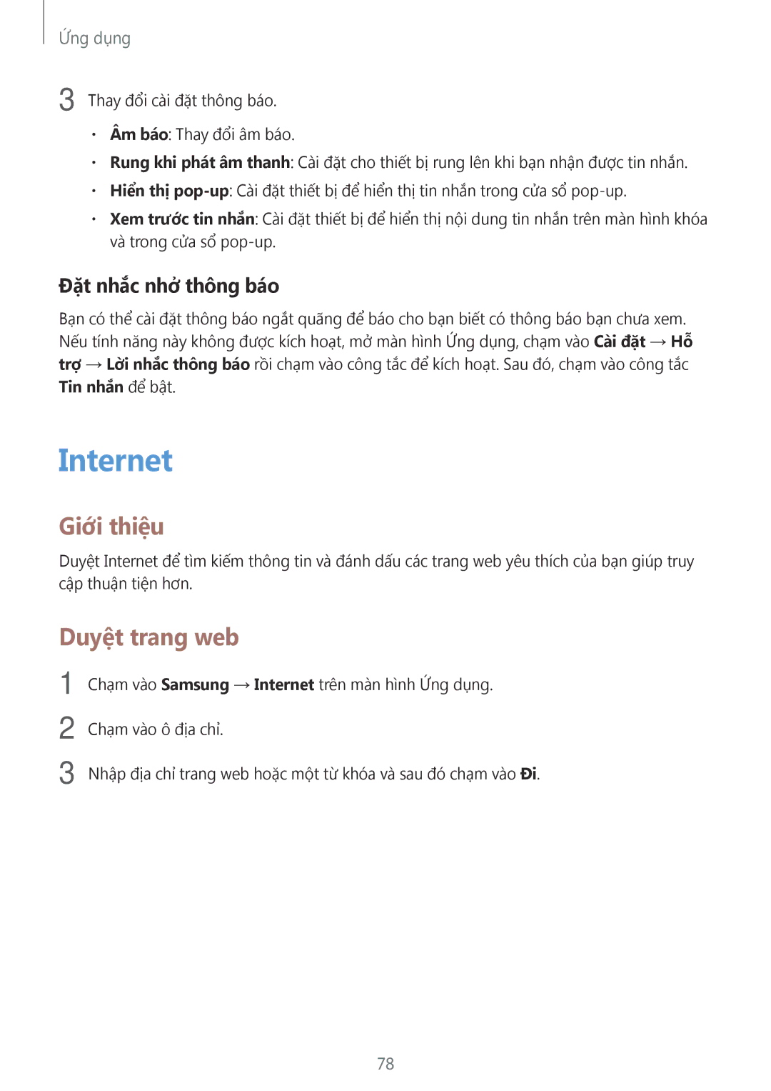 Samsung SM-T825YZSAXXV manual Internet, Duyệt trang web, Đặt nhắc nhở thông báo 