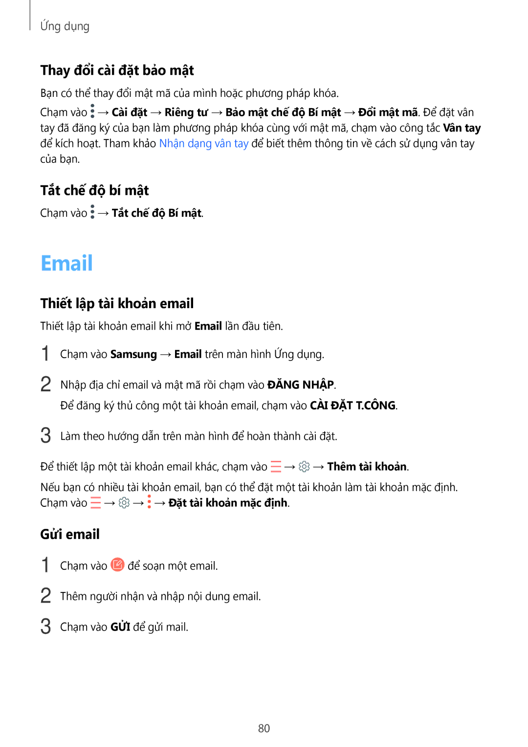 Samsung SM-T825YZSAXXV manual Thay đổi cài đặt bảo mật, Tắt chế độ bí mật, Thiết lập tài khoản email, Gửi email 