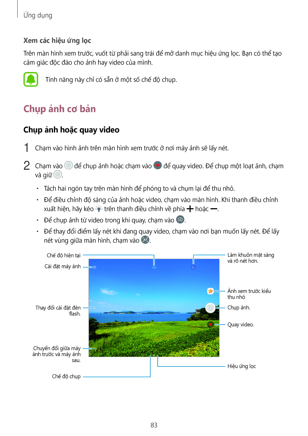 Samsung SM-T825YZSAXXV manual Chụp ảnh cơ bản, Chụp ảnh hoặc quay video 