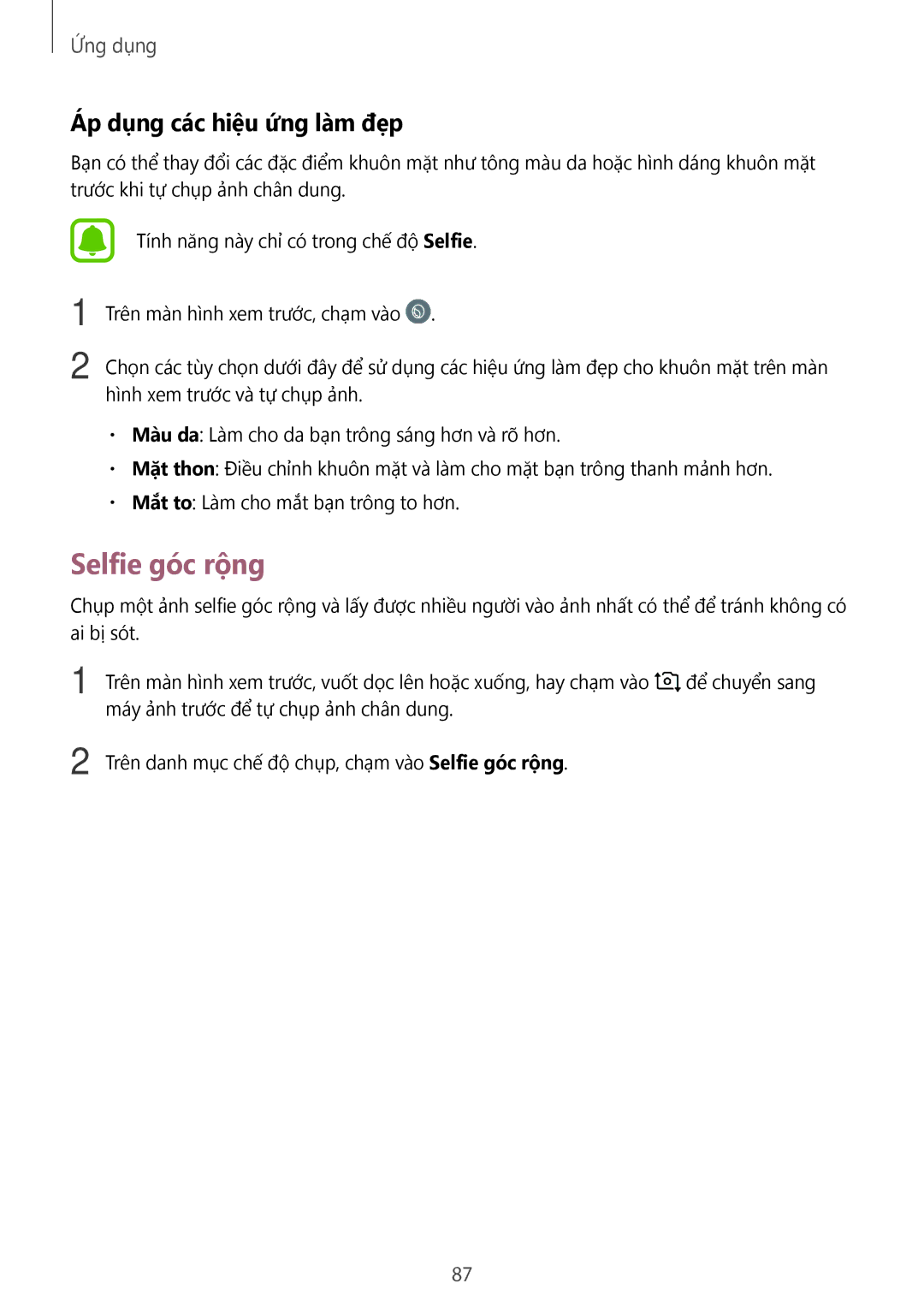 Samsung SM-T825YZSAXXV manual Selfie góc rộng, Áp dụng các hiệu ứng làm đẹp 