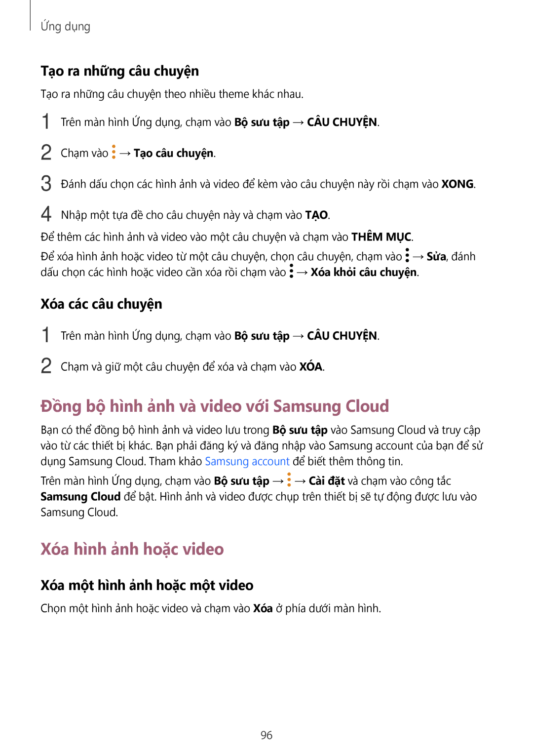Samsung SM-T825YZSAXXV manual Đồng bộ hình ảnh và video với Samsung Cloud, Xóa hình ảnh hoặc video, Tạo ra những câu chuyện 