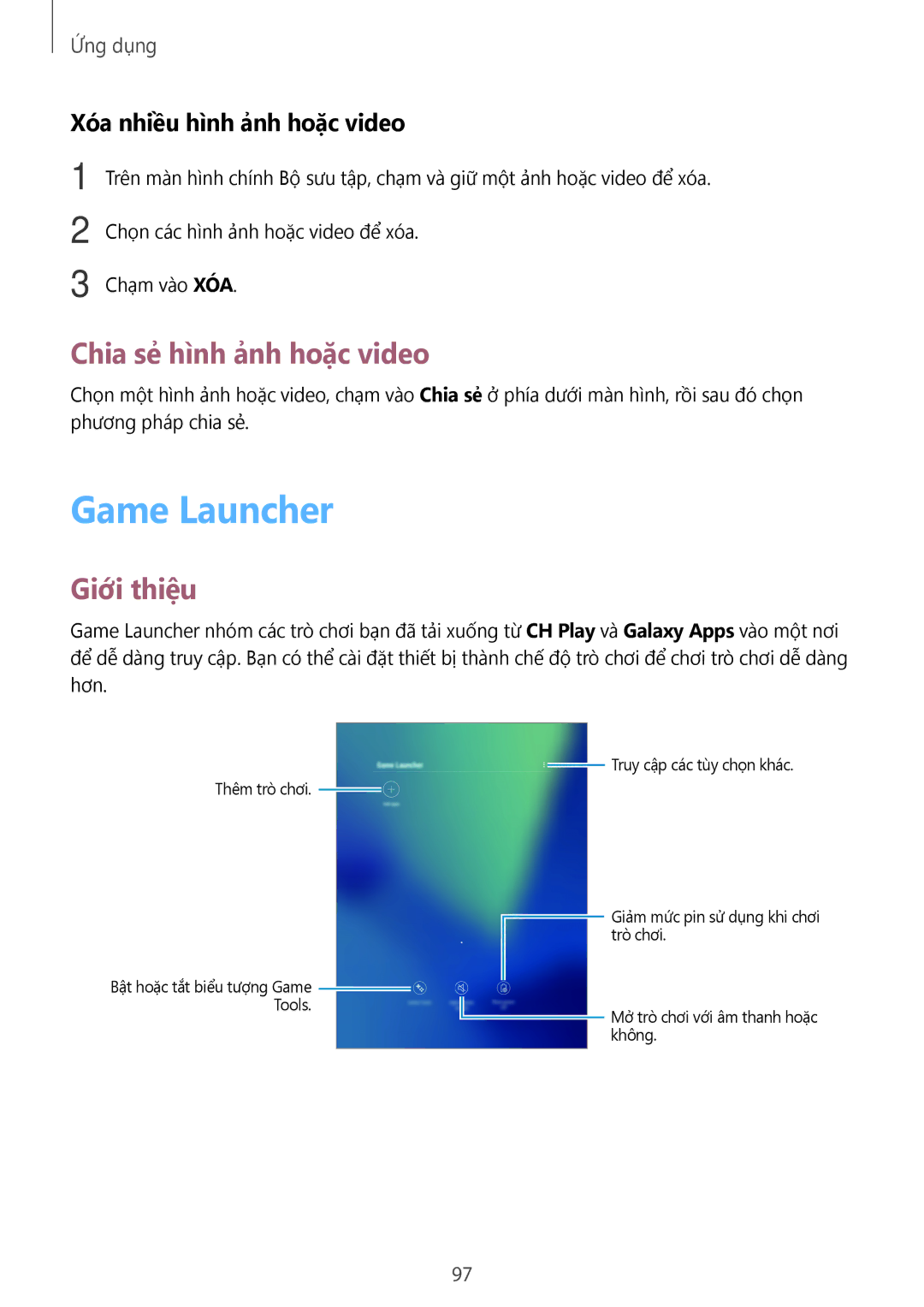 Samsung SM-T825YZSAXXV manual Game Launcher, Chia sẻ hình ảnh hoặc video, Xóa nhiều hình ảnh hoặc video 