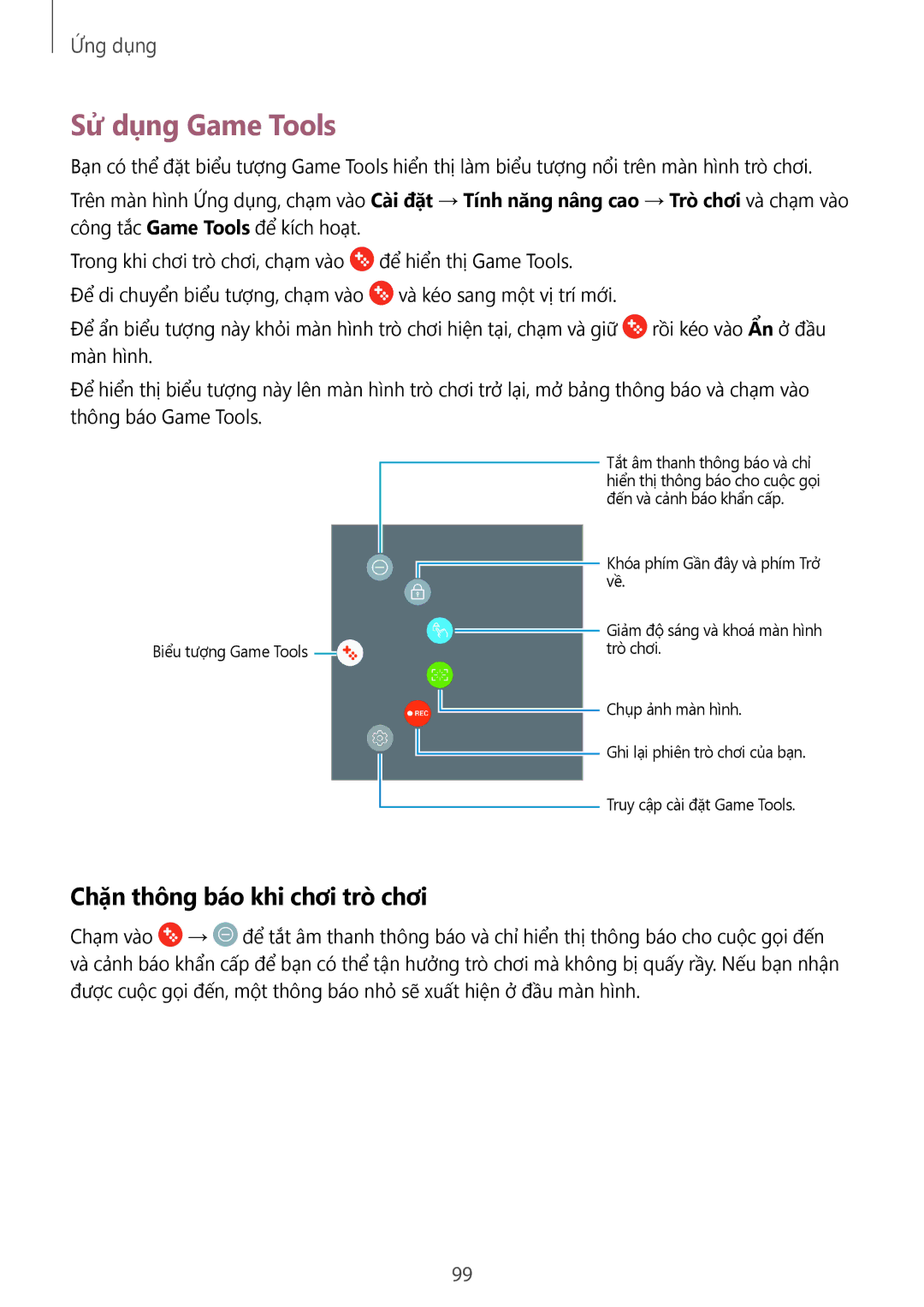 Samsung SM-T825YZSAXXV manual Sử dụng Game Tools, Chặn thông báo khi chơi trò chơi 