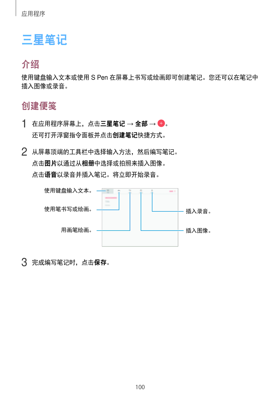 Samsung SM-T825YZSAXXV manual 三星笔记, 创建便笺, 使用键盘输入文本或使用 S Pen 在屏幕上书写或绘画即可创建笔记。您还可以在笔记中 插入图像或录音。, 点击语音以录音并插入笔记。将立即开始录音。 