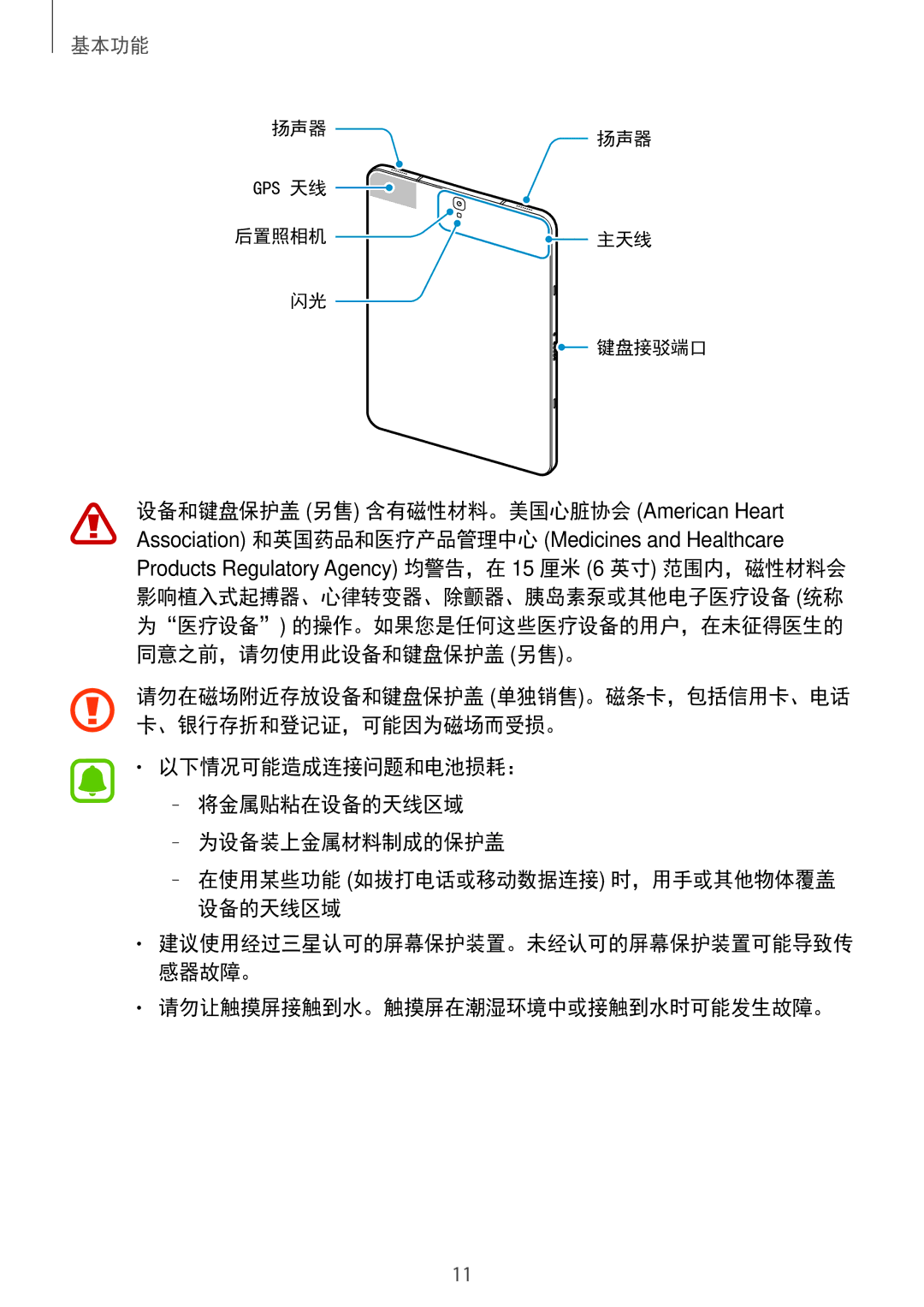 Samsung SM-T825YZSAXXV manual 请勿让触摸屏接触到水。触摸屏在潮湿环境中或接触到水时可能发生故障。 