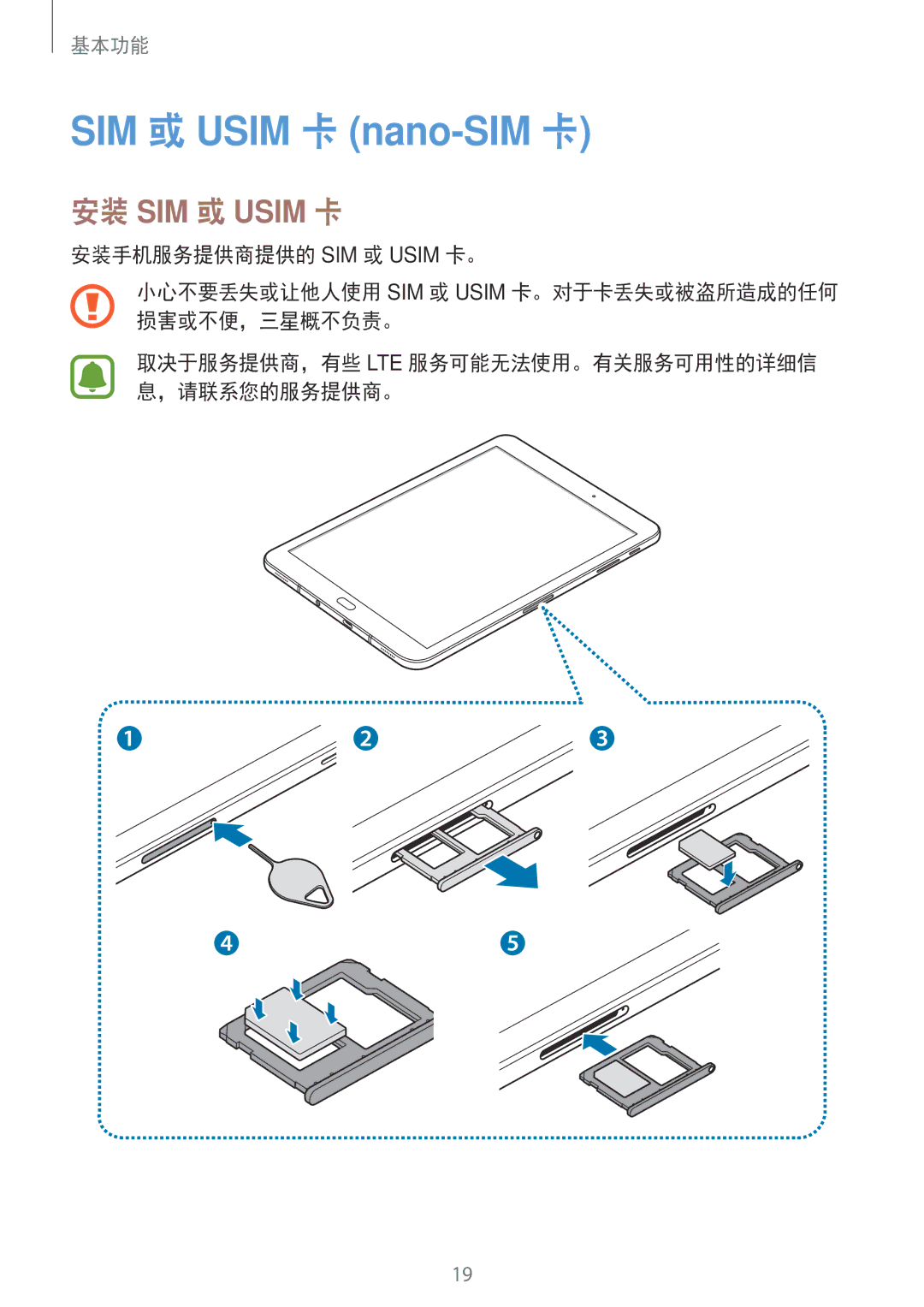 Samsung SM-T825YZSAXXV manual SIM 或 Usim 卡 nano-SIM 卡 