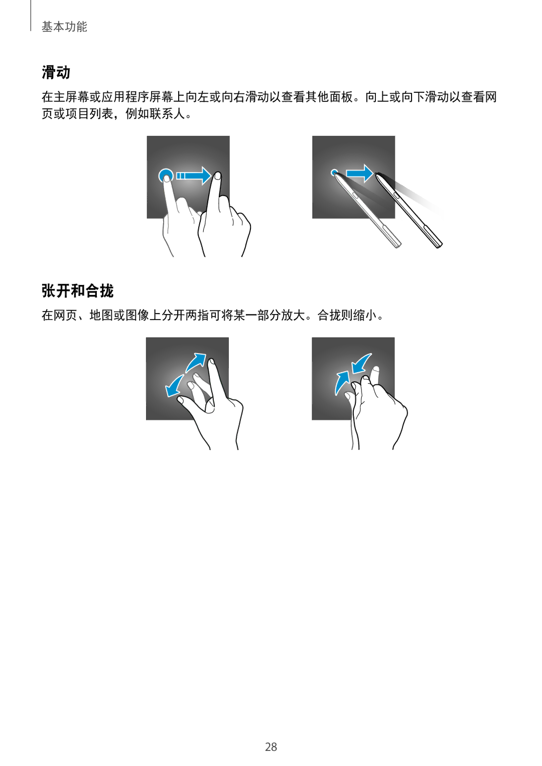 Samsung SM-T825YZSAXXV manual 张开和合拢, 在网页、地图或图像上分开两指可将某一部分放大。合拢则缩小。 