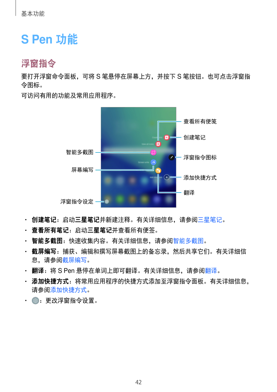 Samsung SM-T825YZSAXXV manual 翻译：将 S Pen 悬停在单词上即可翻译。有关详细信息，请参阅翻译。, ：更改浮窗指令设置。 