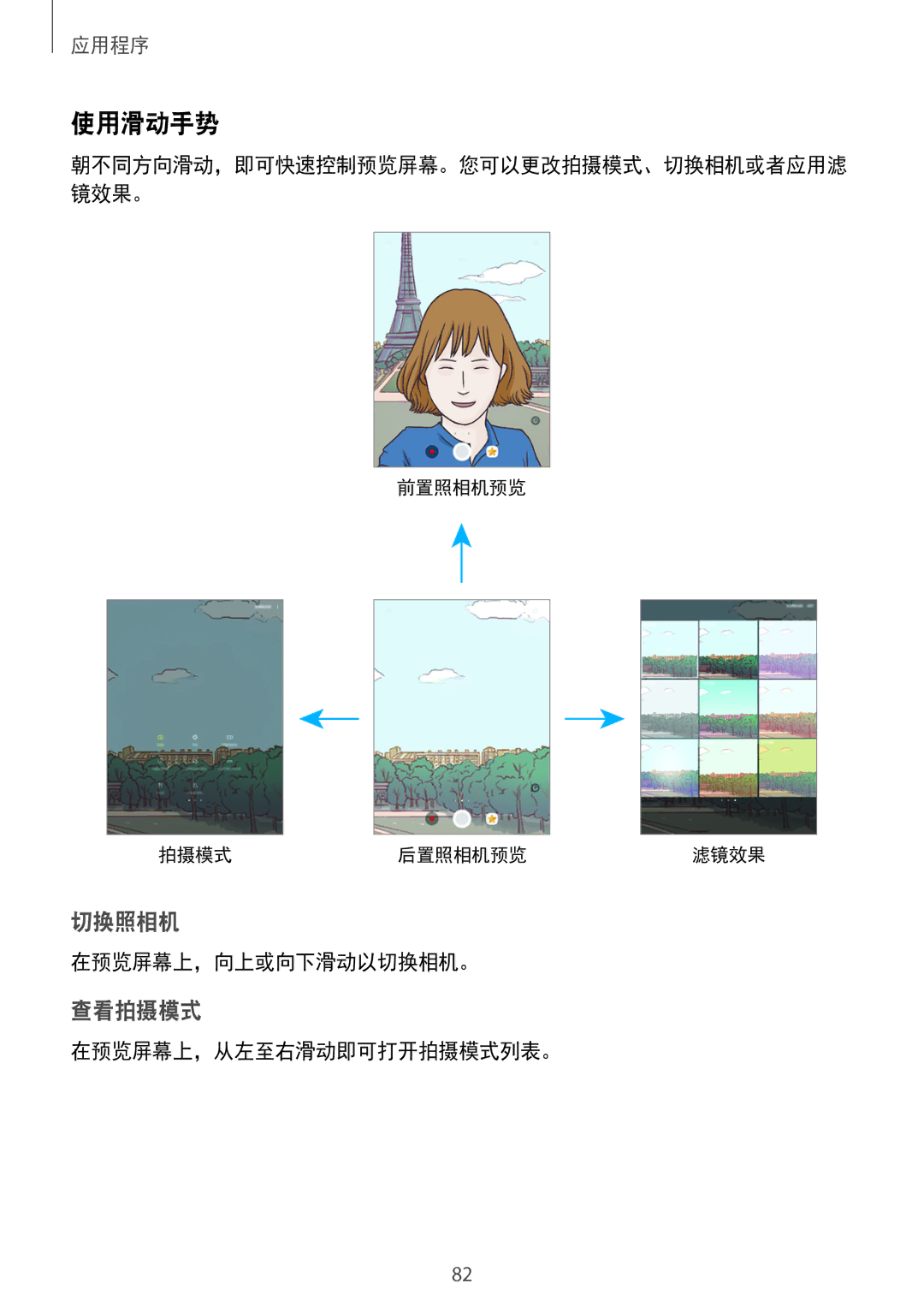 Samsung SM-T825YZSAXXV manual 使用滑动手势, 在预览屏幕上，向上或向下滑动以切换相机。, 在预览屏幕上，从左至右滑动即可打开拍摄模式列表。 
