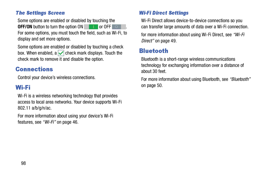 Samsung SM-T900 Connections, Settings Screen, Wi-Fi Direct Settings, Some options are enabled or disabled by touching 